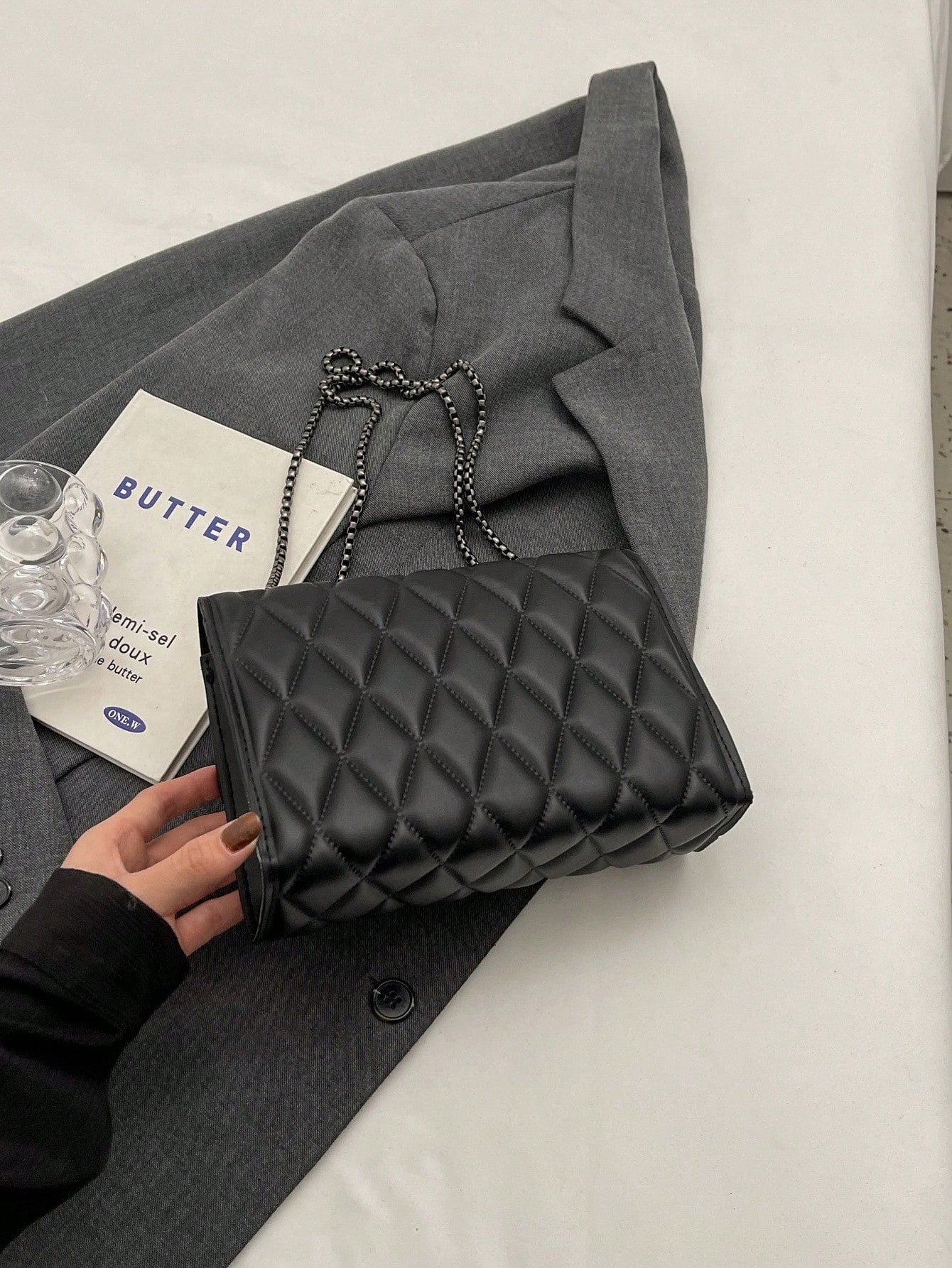 1pc Minimalist Fashion Indentation Diamond Shape Square Bag Lock Closure Flap Opening Metal Chain Shoulder Bag Suitable For Women's Daily Casual Use