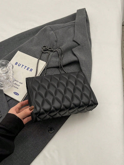 1pc Minimalist Fashion Indentation Diamond Shape Square Bag Lock Closure Flap Opening Metal Chain Shoulder Bag Suitable For Women's Daily Casual Use