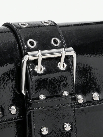 SHEIN X Lucía Bellido SHEIN SXY Fashionable Black Stud Shoulder Bag For Women, Versatile, Shopping Bag, Cool, Street Bag, Teenagers