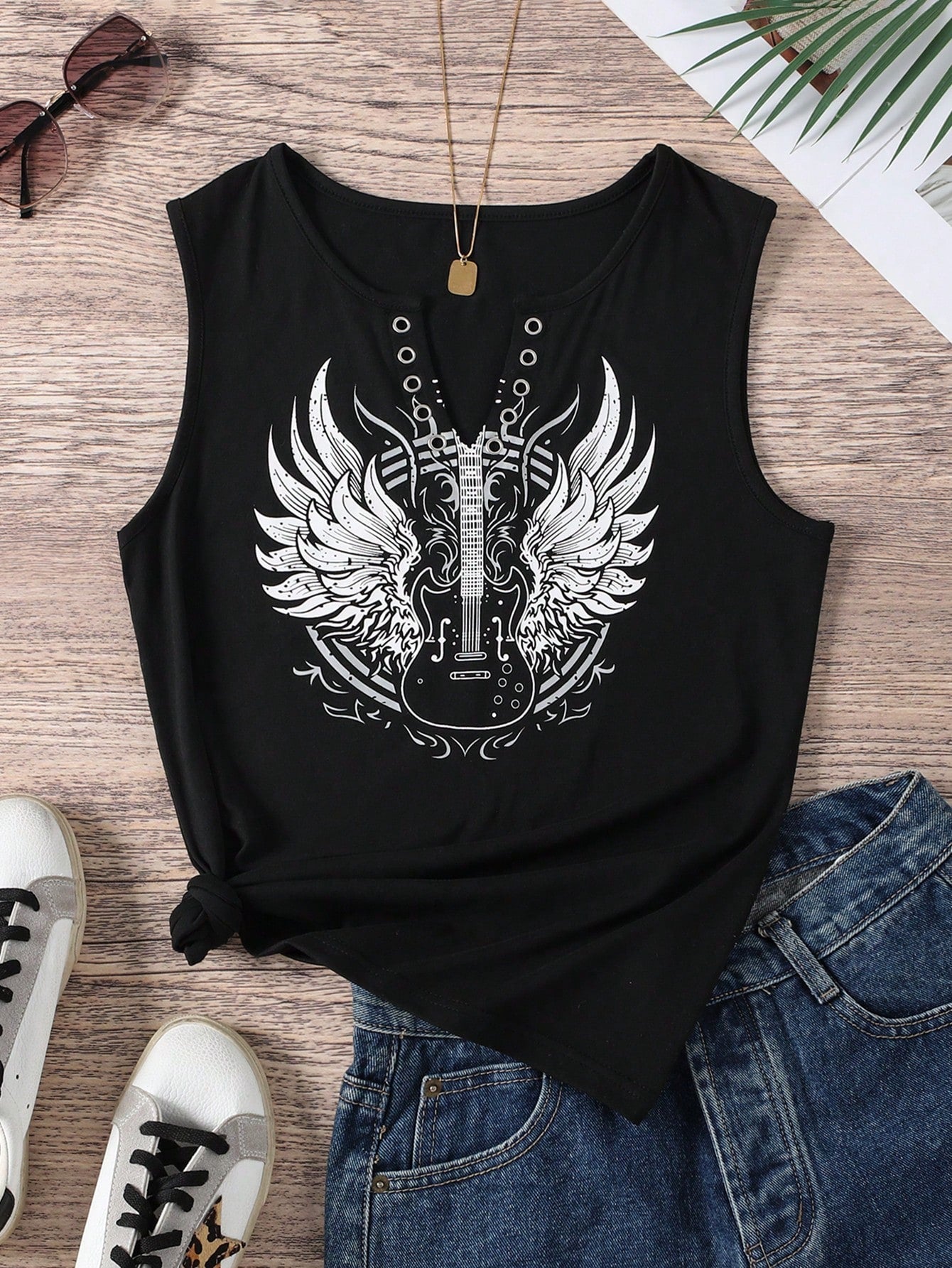 INAWLY Women'S Sleeveless Tank Top For Summer With Angel Wings & Guitar Print Graphic Tees Women Tops