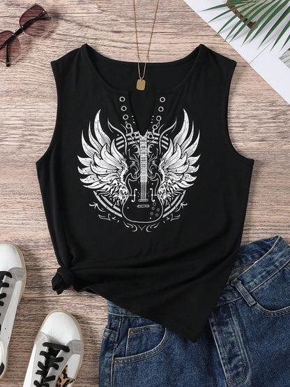 INAWLY Women'S Sleeveless Tank Top For Summer With Angel Wings & Guitar Print Graphic Tees Women Tops