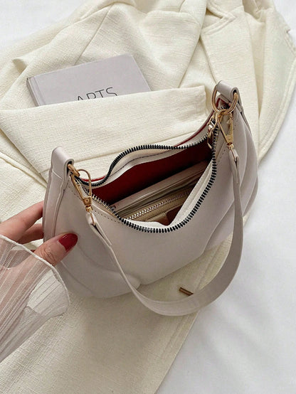 Hot Search Mini Crescent Handbag, 1 Piece, Solid Acrylic Chain Decoration, PU, Portable, Elegant Zipper Shoulder Bag Handbag Suitable For Girls To Travel And Daily Use