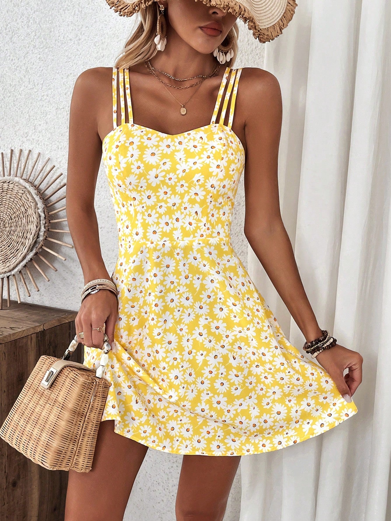 Breezaya Women's Yellow Floral Print Cami Dress Vacation Beach Outfit