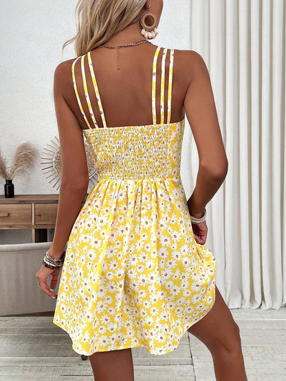 Breezaya Women's Yellow Floral Print Cami Dress Vacation Beach Outfit