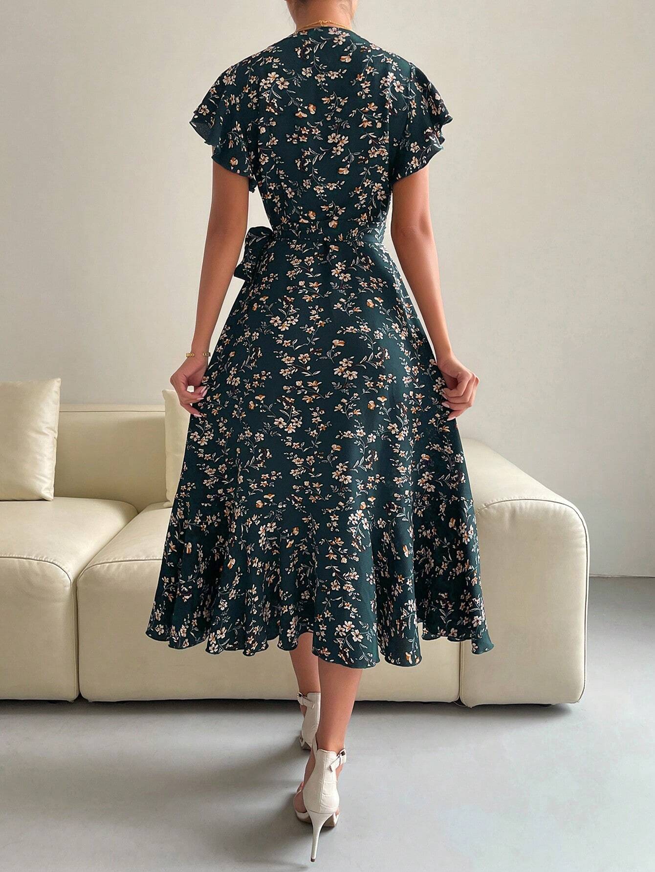 EMERY ROSE Floral Print Butterfly Sleeve Knot Side Dress Burgundy Maxi Women Outfit