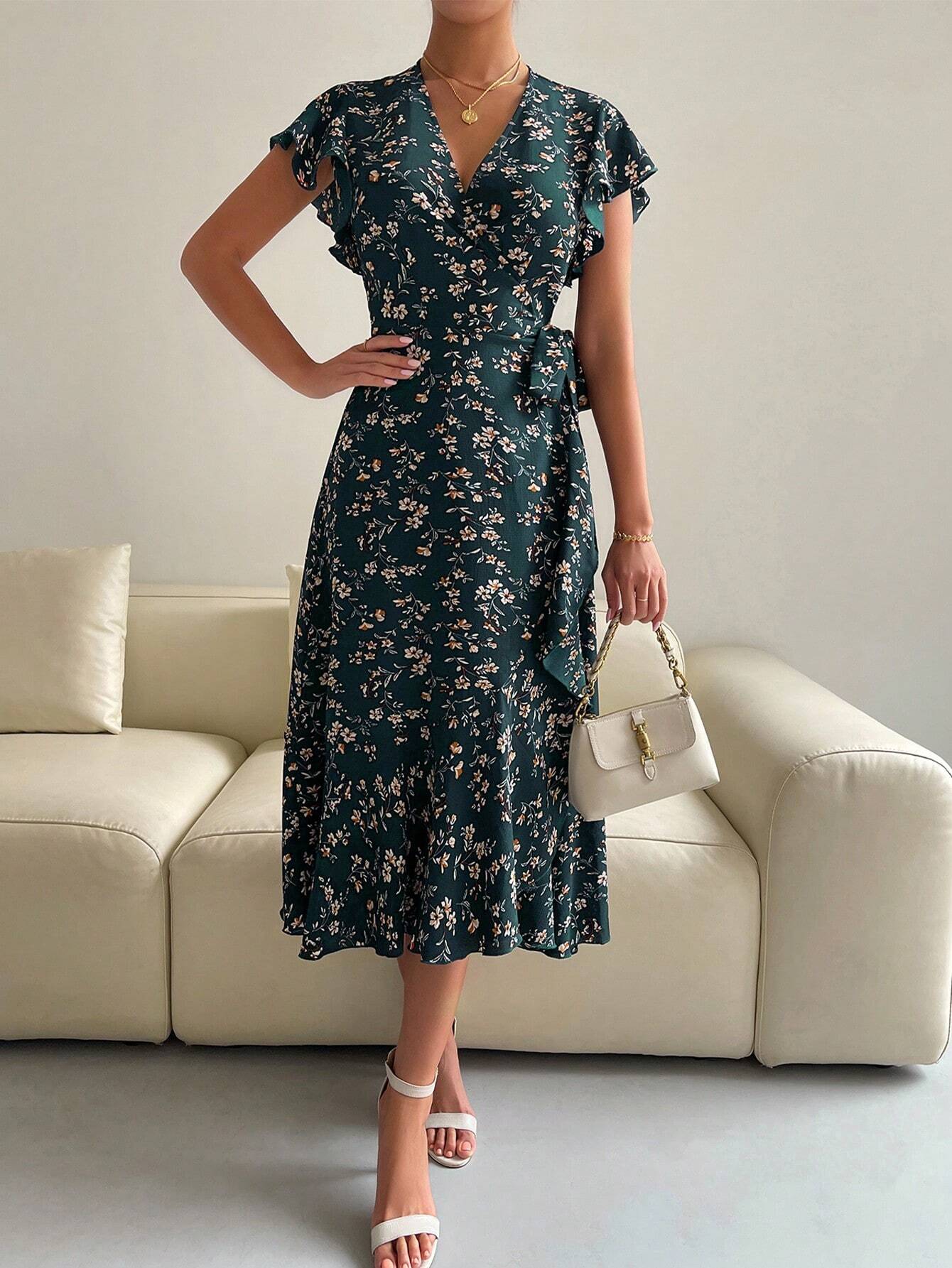 EMERY ROSE Floral Print Butterfly Sleeve Knot Side Dress Burgundy Maxi Women Outfit