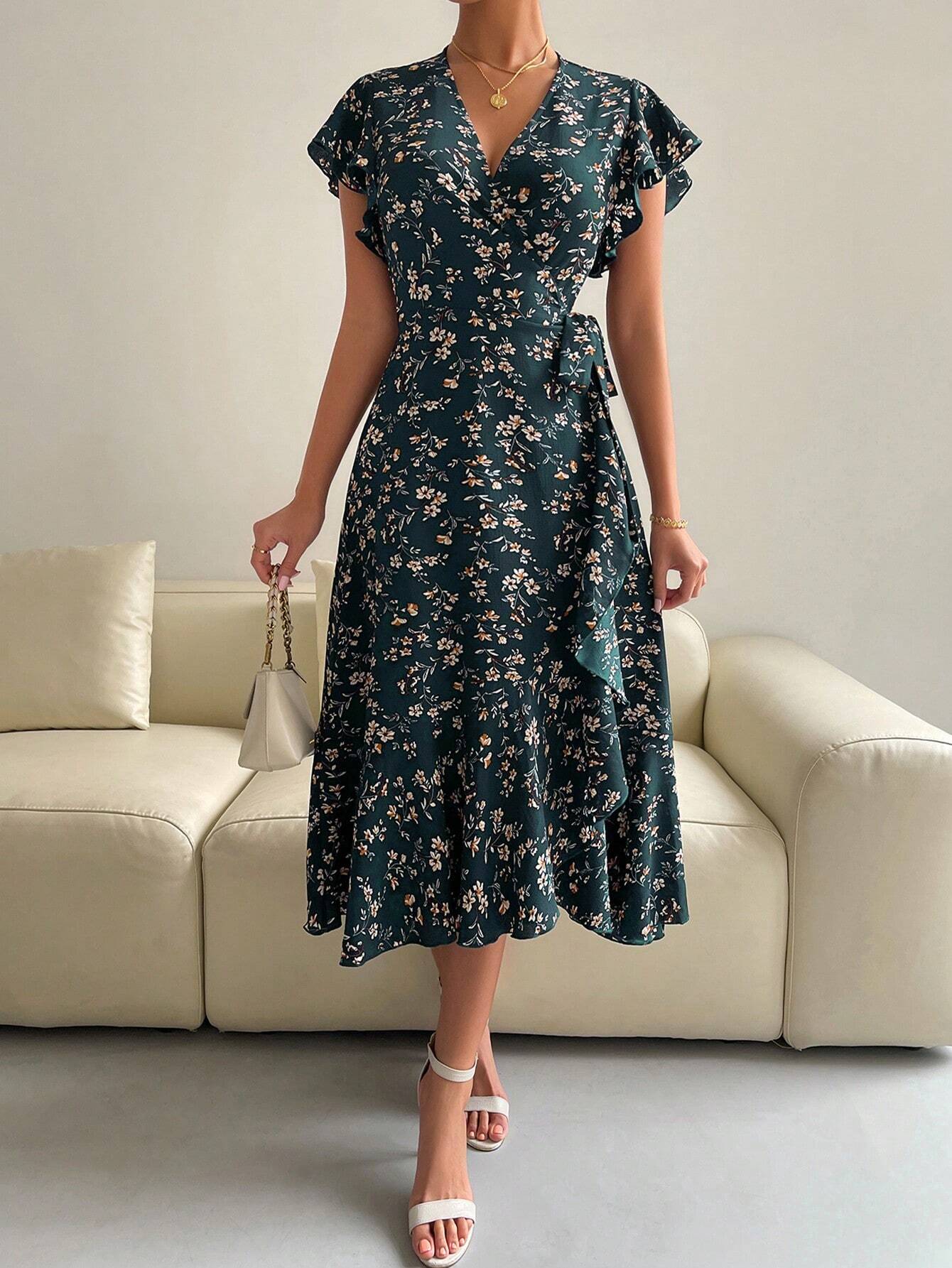 EMERY ROSE Floral Print Butterfly Sleeve Knot Side Dress Burgundy Maxi Women Outfit