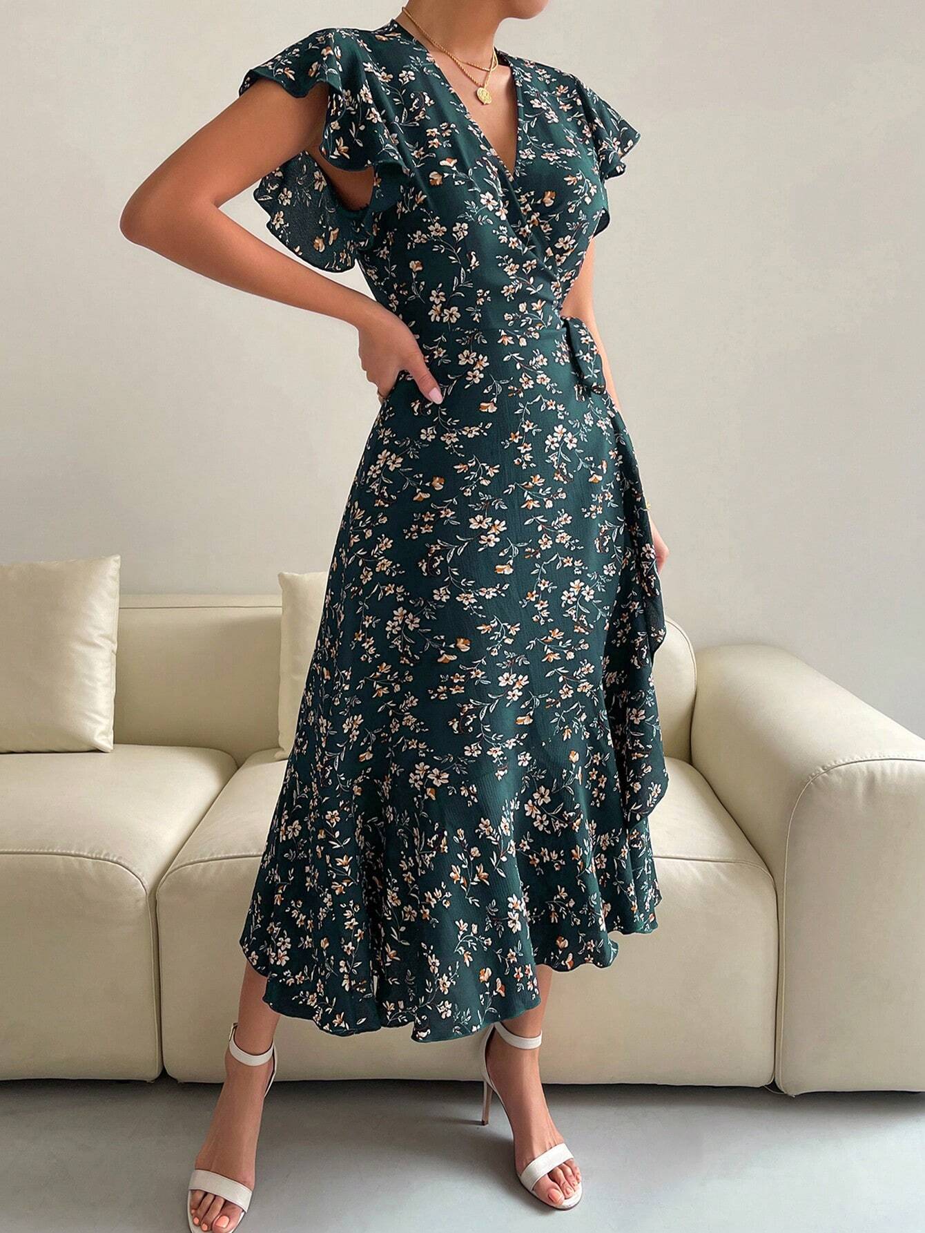 EMERY ROSE Floral Print Butterfly Sleeve Knot Side Dress Burgundy Maxi Women Outfit