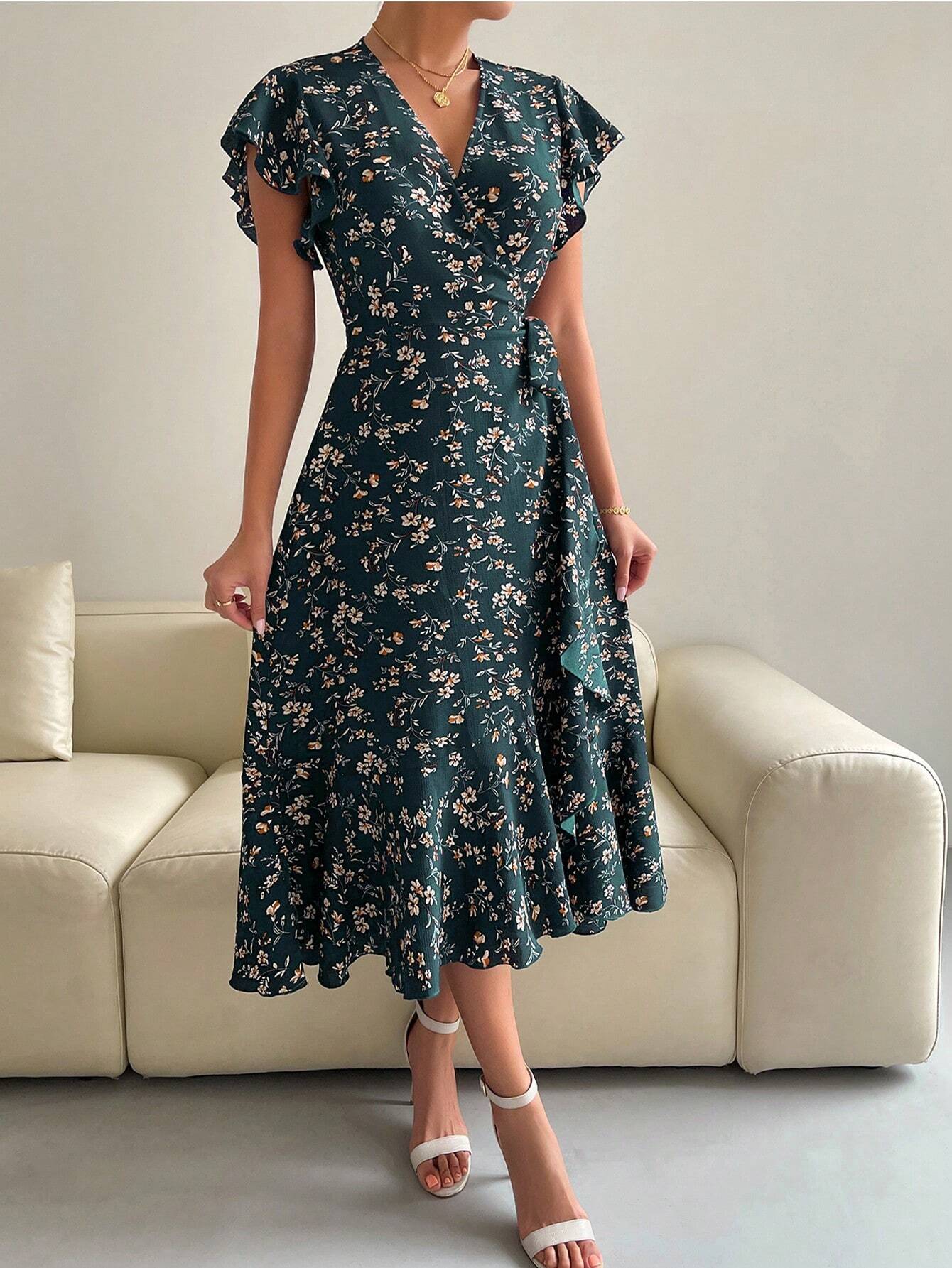 EMERY ROSE Floral Print Butterfly Sleeve Knot Side Dress Burgundy Maxi Women Outfit