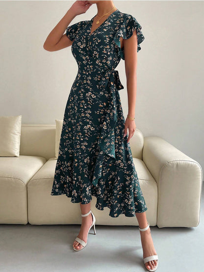 EMERY ROSE Floral Print Butterfly Sleeve Knot Side Dress Burgundy Maxi Women Outfit