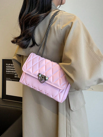 1pc Minimalist Fashion Indentation Diamond Shape Square Bag Lock Closure Flap Opening Metal Chain Shoulder Bag Suitable For Women's Daily Casual Use