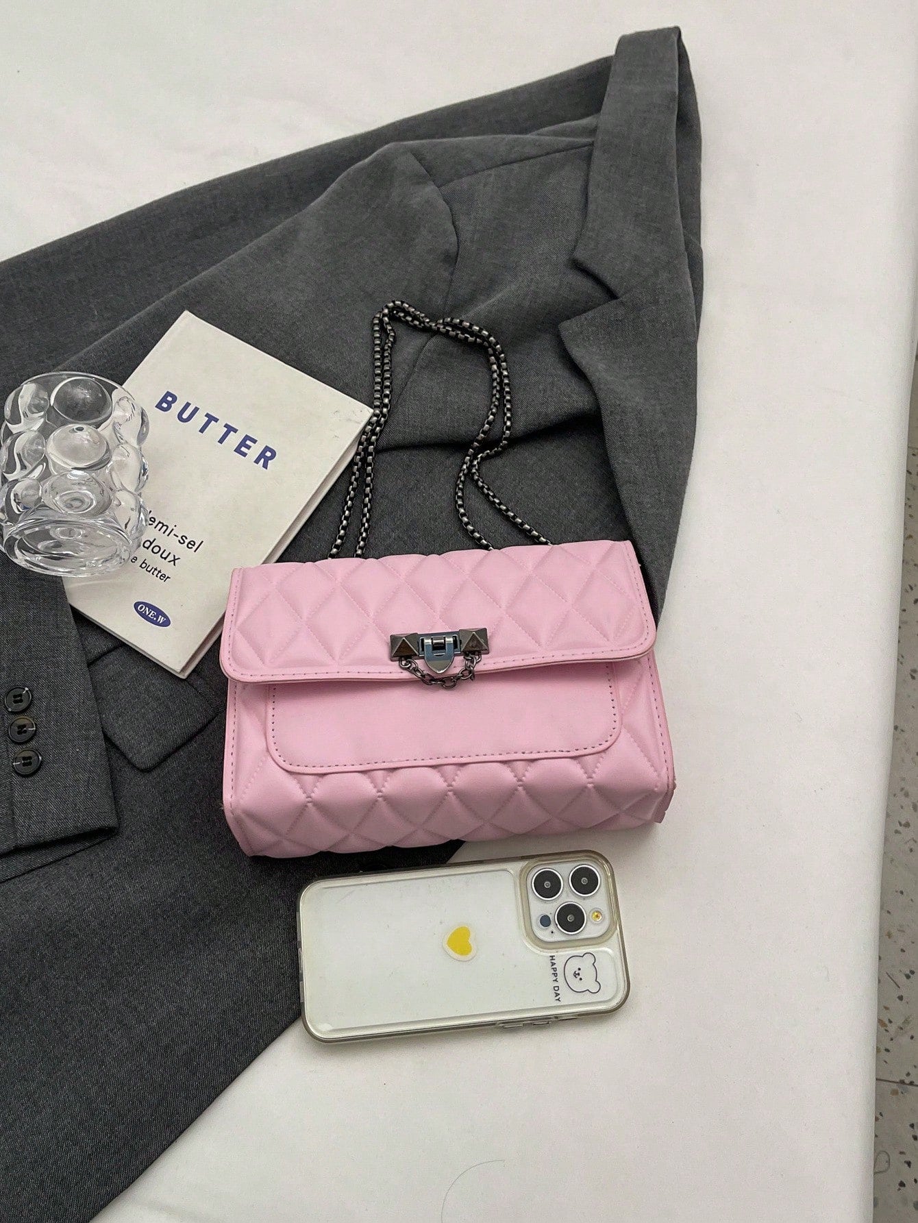 1pc Minimalist Fashion Indentation Diamond Shape Square Bag Lock Closure Flap Opening Metal Chain Shoulder Bag Suitable For Women's Daily Casual Use