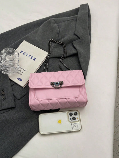 1pc Minimalist Fashion Indentation Diamond Shape Square Bag Lock Closure Flap Opening Metal Chain Shoulder Bag Suitable For Women's Daily Casual Use