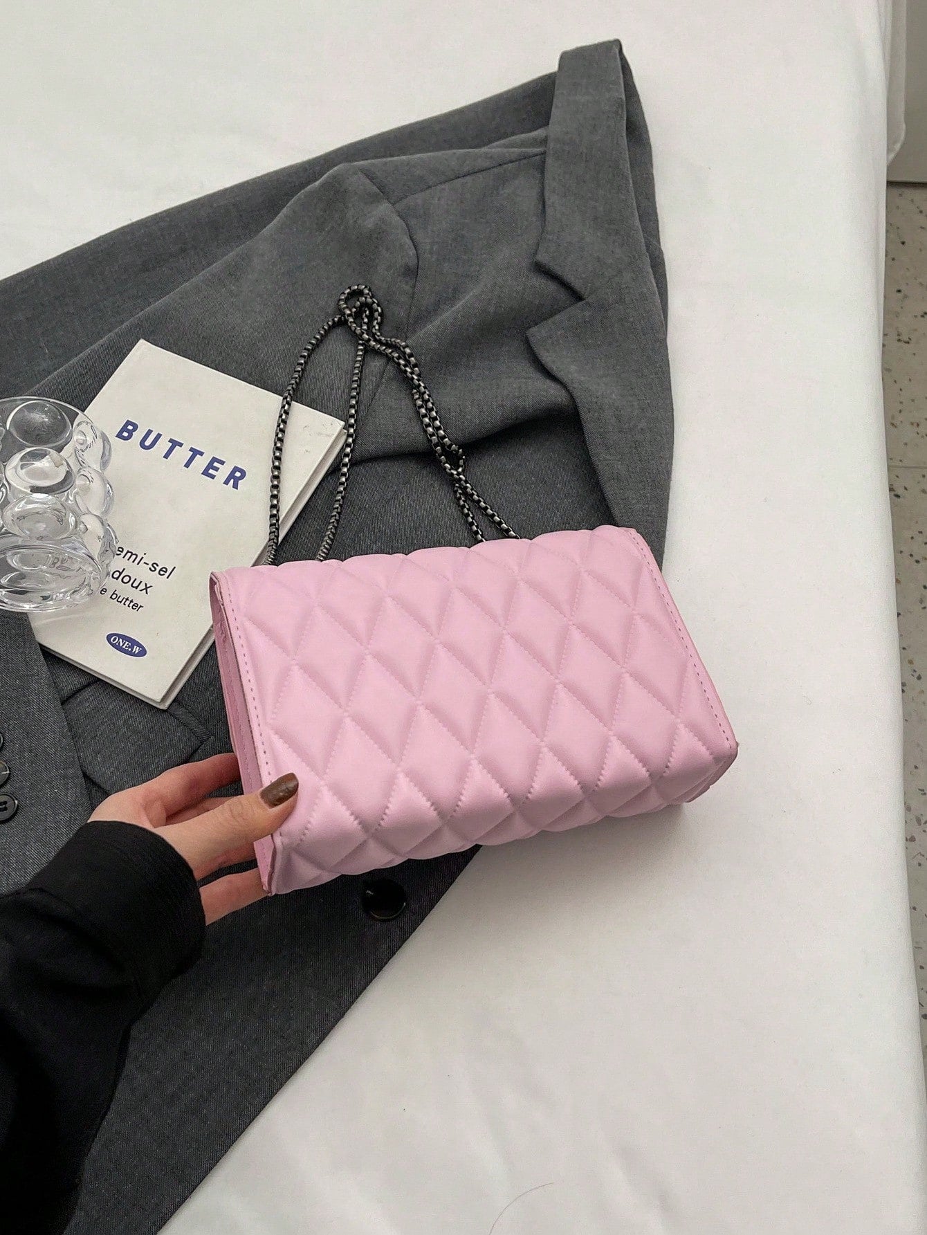 1pc Minimalist Fashion Indentation Diamond Shape Square Bag Lock Closure Flap Opening Metal Chain Shoulder Bag Suitable For Women's Daily Casual Use