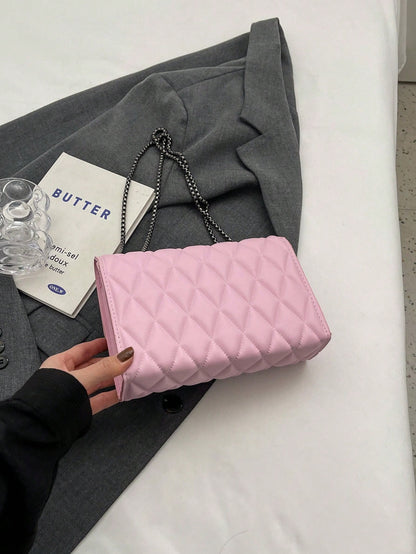 1pc Minimalist Fashion Indentation Diamond Shape Square Bag Lock Closure Flap Opening Metal Chain Shoulder Bag Suitable For Women's Daily Casual Use