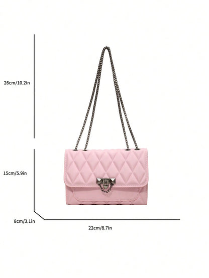 1pc Minimalist Fashion Indentation Diamond Shape Square Bag Lock Closure Flap Opening Metal Chain Shoulder Bag Suitable For Women's Daily Casual Use