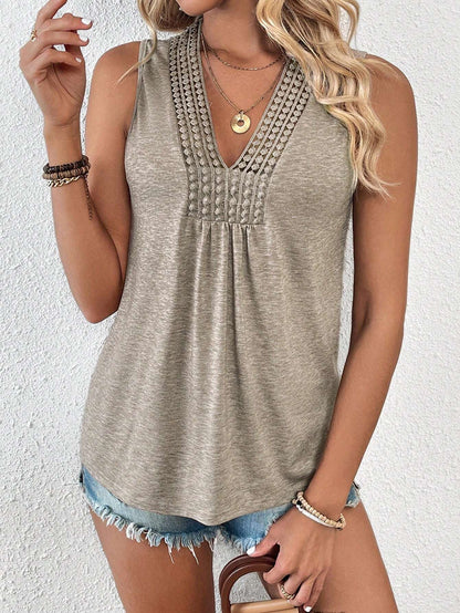 EMERY ROSE Summer V-Neck Contrast Guipure Lace Knitted Tank Top