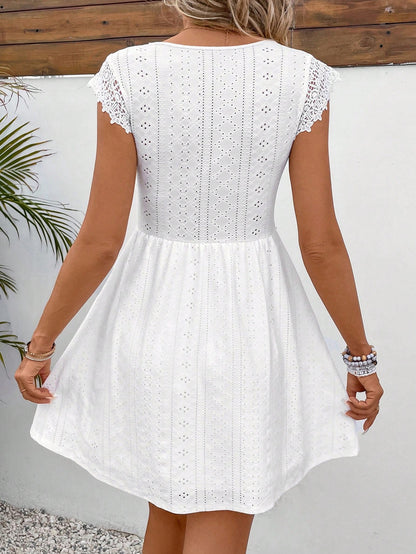 SHEIN Frenchy Women Simple Solid Color Hollow Out Jagged Edge Short Sleeve Casual Dress,Summer Dresses For Women