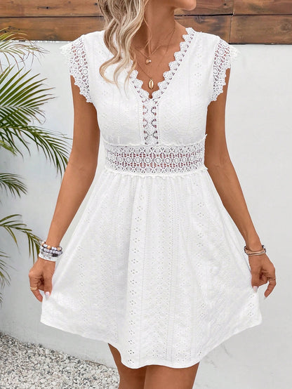 SHEIN Frenchy Women Simple Solid Color Hollow Out Jagged Edge Short Sleeve Casual Dress,Summer Dresses For Women