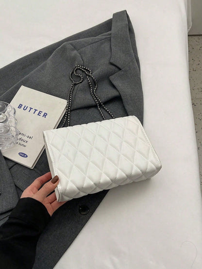 1pc Minimalist Fashion Indentation Diamond Shape Square Bag Lock Closure Flap Opening Metal Chain Shoulder Bag Suitable For Women's Daily Casual Use