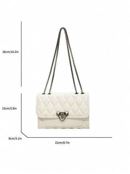 1pc Minimalist Fashion Indentation Diamond Shape Square Bag Lock Closure Flap Opening Metal Chain Shoulder Bag Suitable For Women's Daily Casual Use