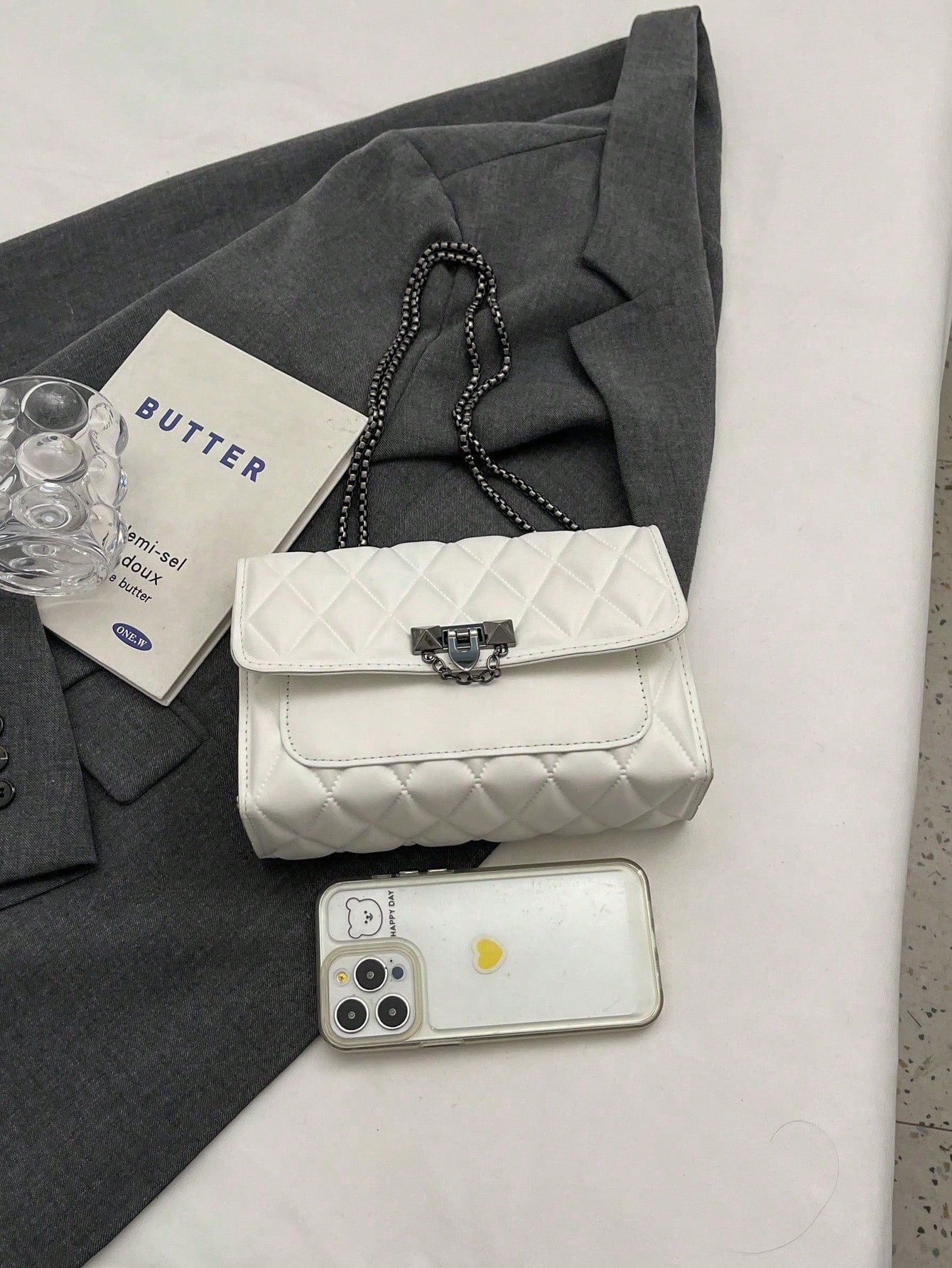 1pc Minimalist Fashion Indentation Diamond Shape Square Bag Lock Closure Flap Opening Metal Chain Shoulder Bag Suitable For Women's Daily Casual Use