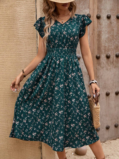 EMERY ROSE Women's Bohemian Style Floral Print V-Neck Waist Tie Short Sleeve Long Dress For Summer Vacation Burgundy Maxi Women Outfit