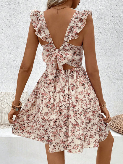 Breezaya Floral Printed Hollow Out Hem Ruffle Trim Decorated Dress Vacation Beach Outfits Women