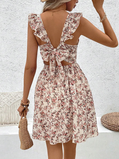 Breezaya Floral Printed Hollow Out Hem Ruffle Trim Decorated Dress Vacation Beach Outfits Women