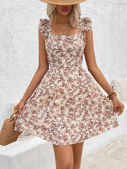 Breezaya Floral Printed Hollow Out Hem Ruffle Trim Decorated Dress Vacation Beach Outfits Women