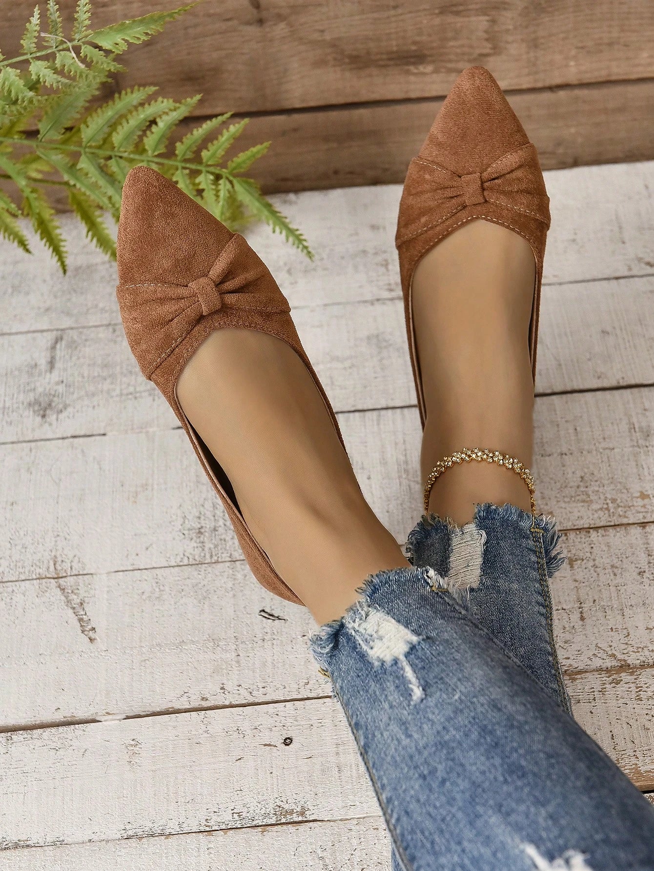 Women's Brown Minimalist Flat Shoes With Pleated Toe, Elegant Style, Outdoors In Summer, Faux Suede