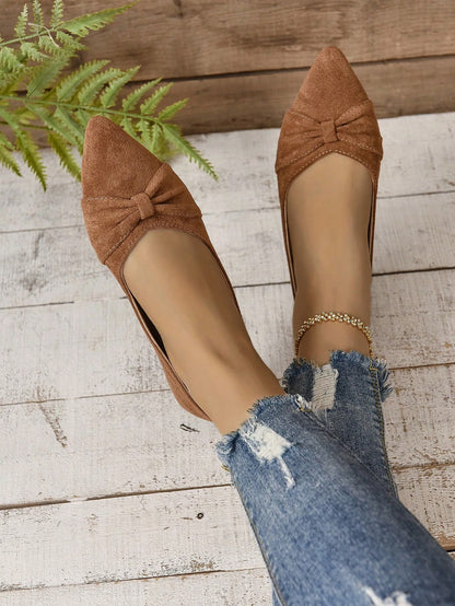 Women's Brown Minimalist Flat Shoes With Pleated Toe, Elegant Style, Outdoors In Summer, Faux Suede