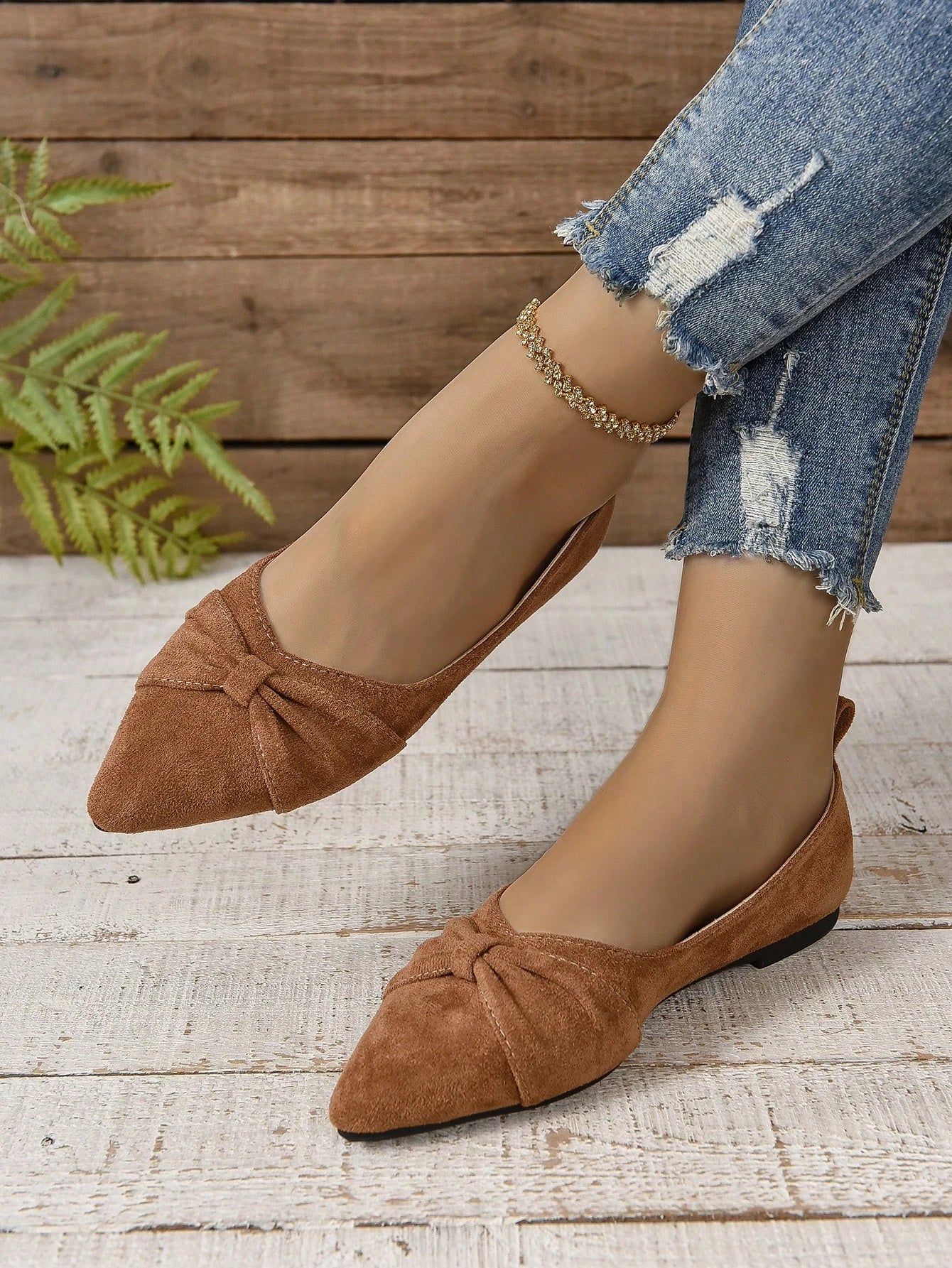 Women's Brown Minimalist Flat Shoes With Pleated Toe, Elegant Style, Outdoors In Summer, Faux Suede