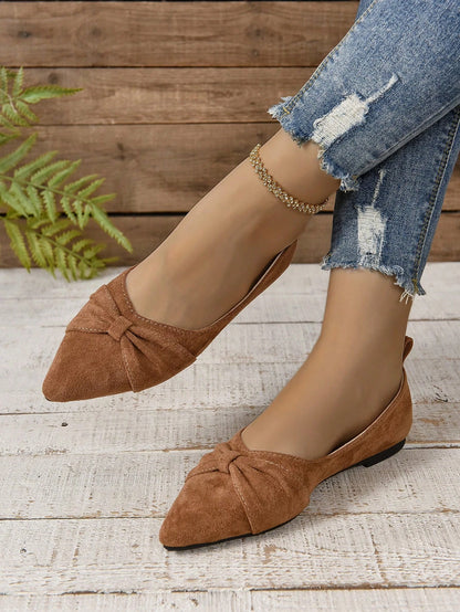 Women's Brown Minimalist Flat Shoes With Pleated Toe, Elegant Style, Outdoors In Summer, Faux Suede