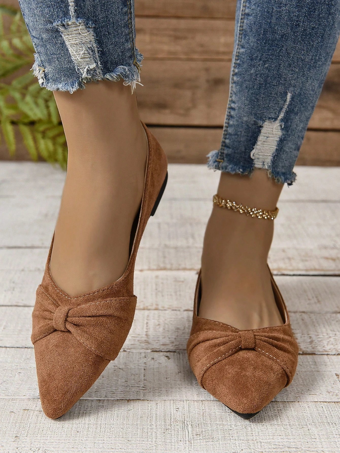 Women's Brown Minimalist Flat Shoes With Pleated Toe, Elegant Style, Outdoors In Summer, Faux Suede