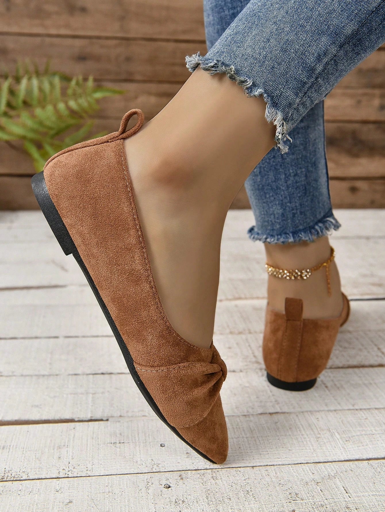 Women's Brown Minimalist Flat Shoes With Pleated Toe, Elegant Style, Outdoors In Summer, Faux Suede