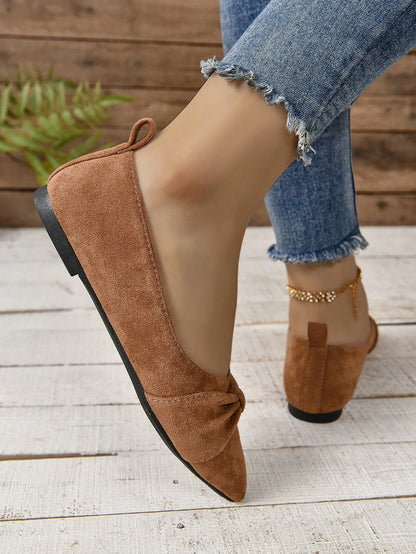 Women's Brown Minimalist Flat Shoes With Pleated Toe, Elegant Style, Outdoors In Summer, Faux Suede