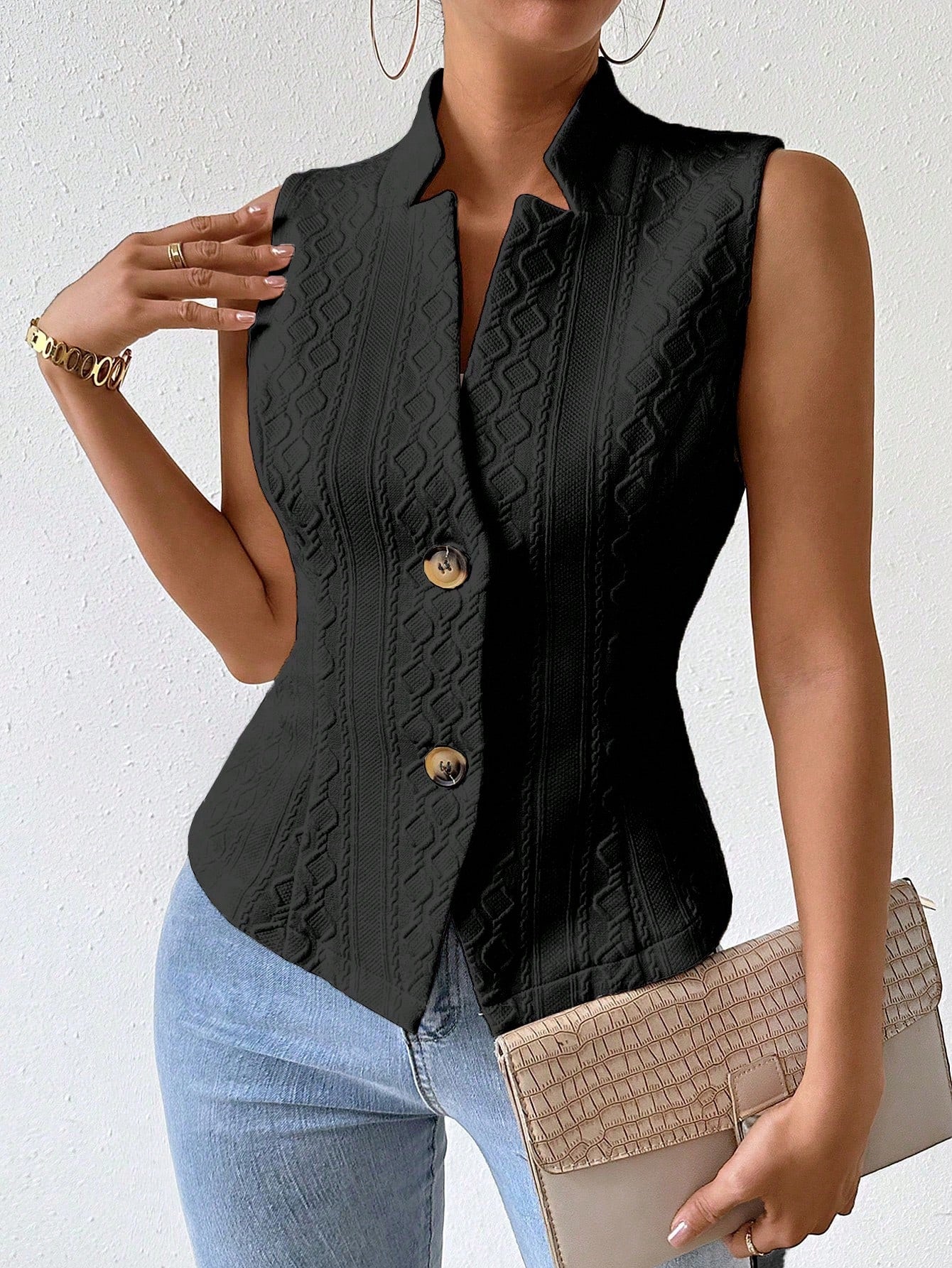 RosyDaze Solid Color Jacquard Suit Vest Jacket