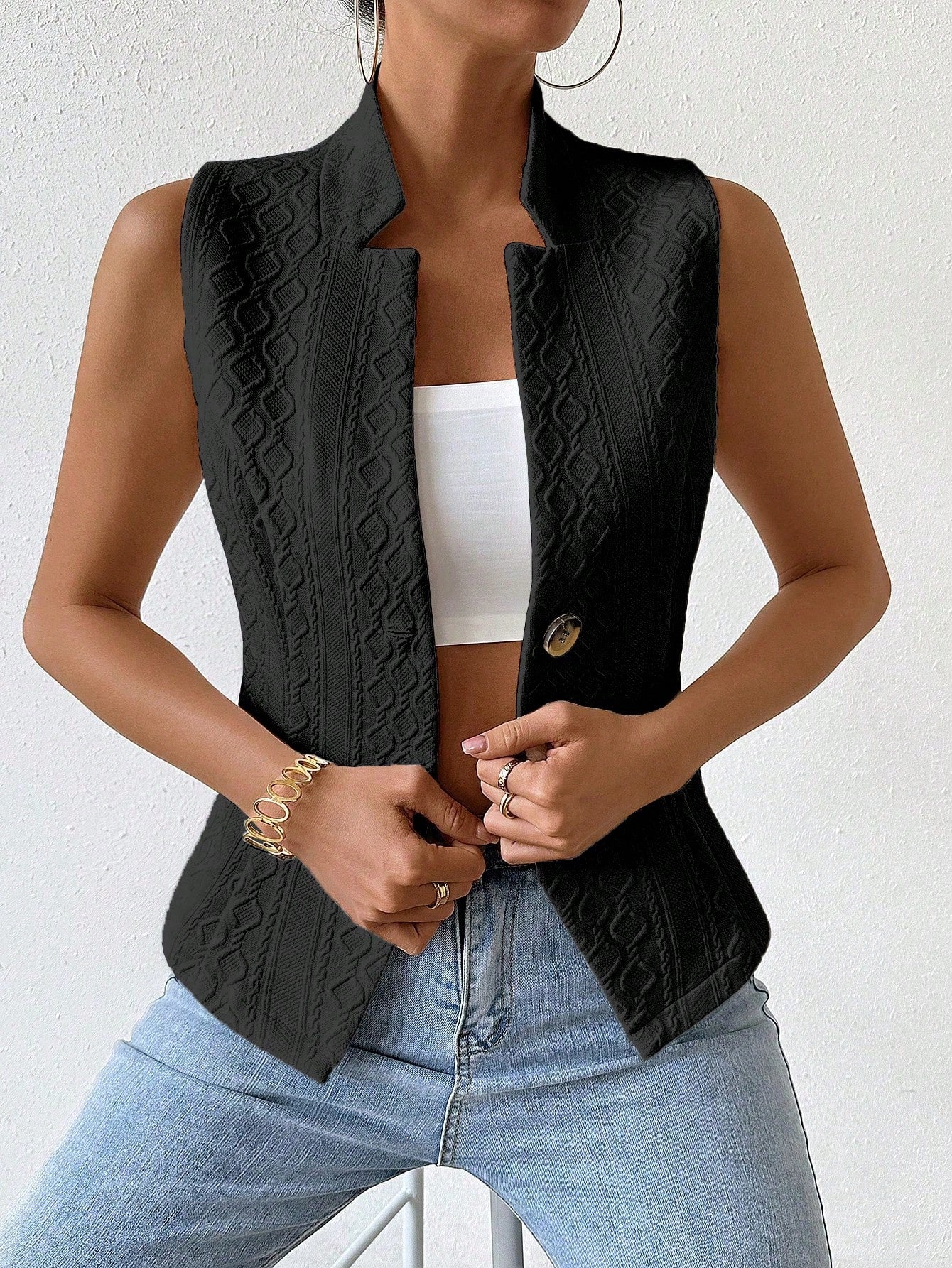 RosyDaze Solid Color Jacquard Suit Vest Jacket