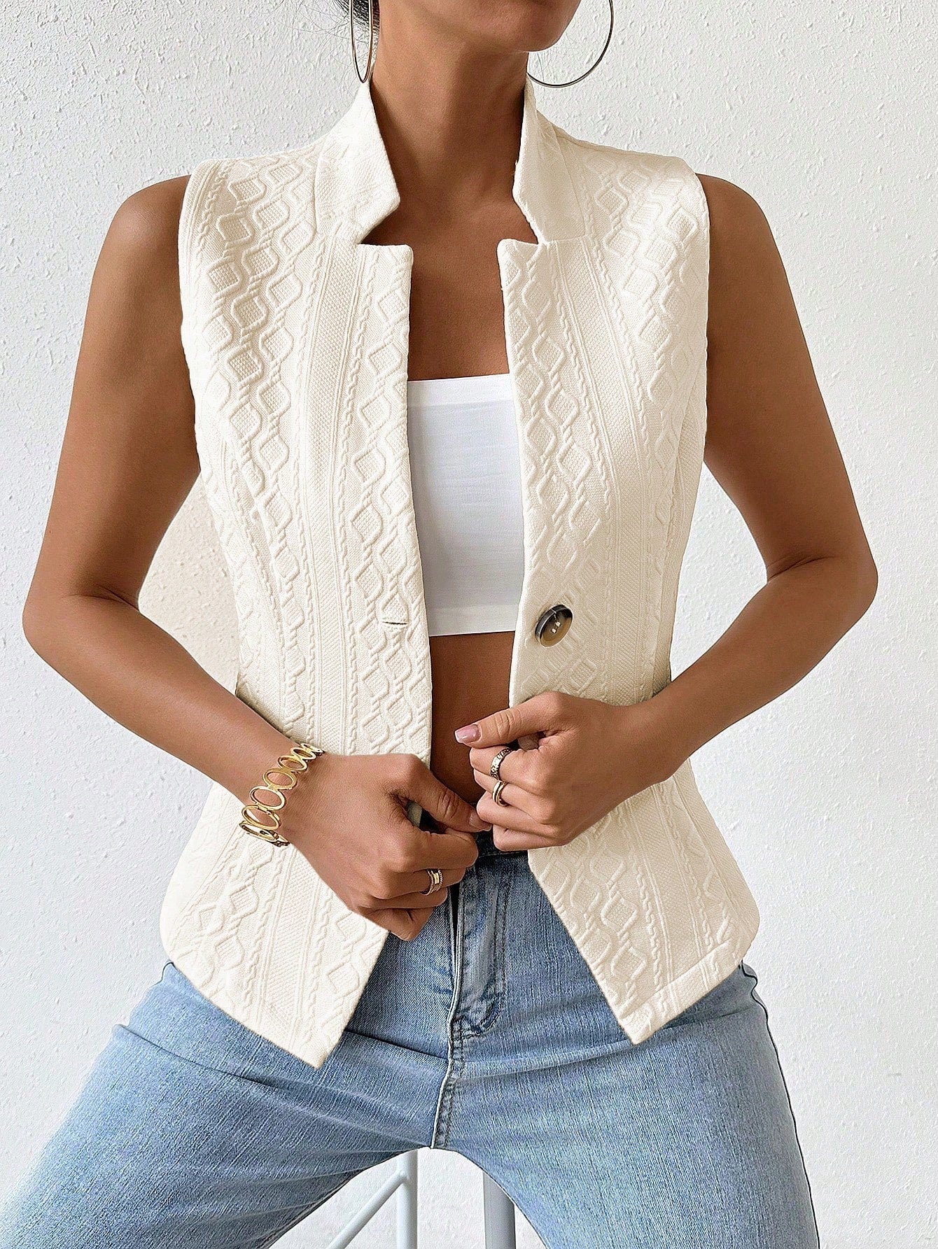 RosyDaze Solid Color Jacquard Suit Vest Jacket