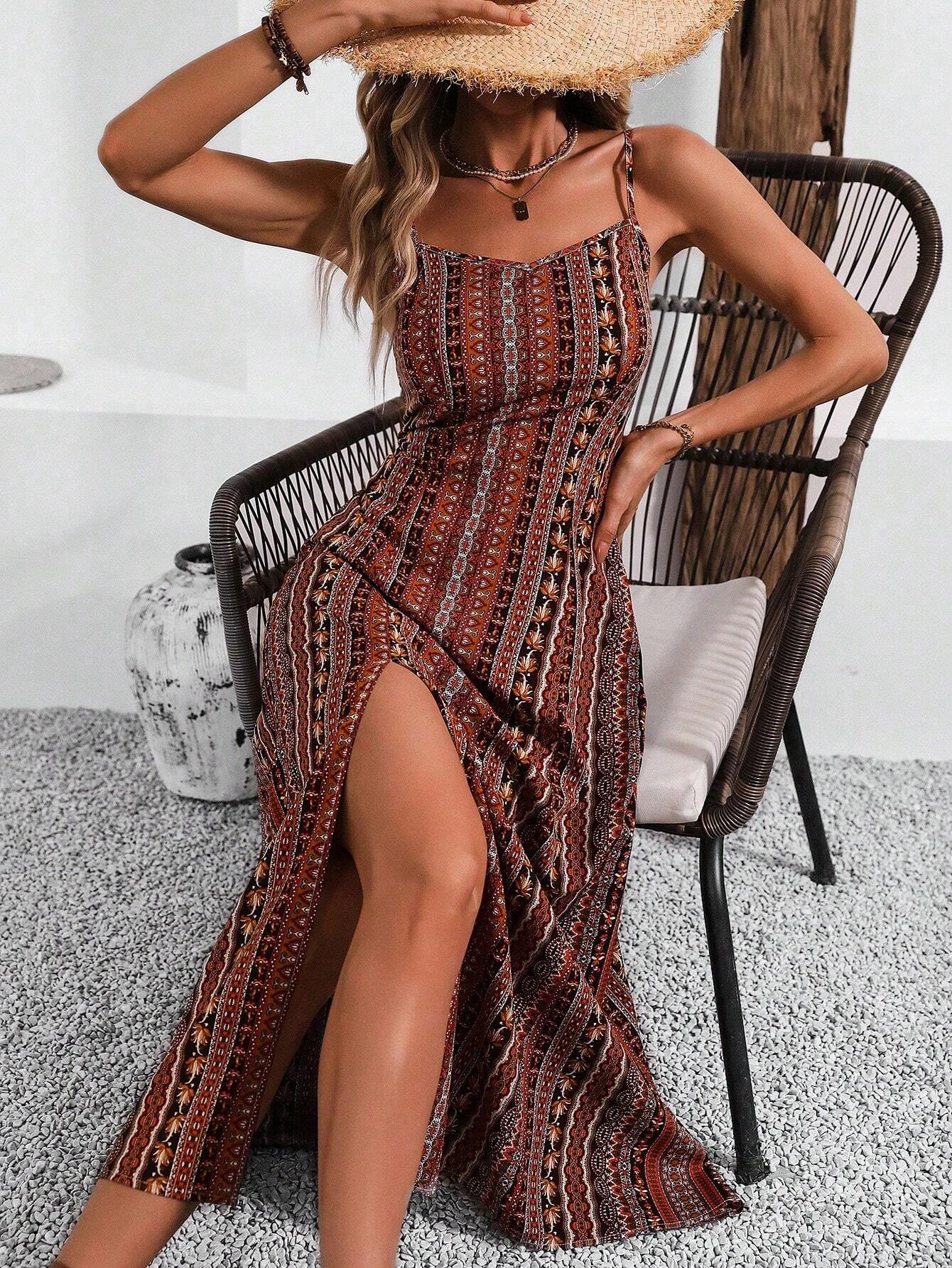 Breezaya Vintage Style Women's Printed Spaghetti Strap Dress With High Side Slit Maxi Vacation Beach Outfit
