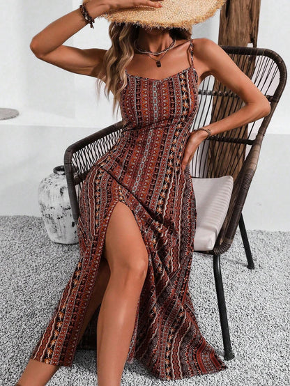 Breezaya Vintage Style Women's Printed Spaghetti Strap Dress With High Side Slit Maxi Vacation Beach Outfit