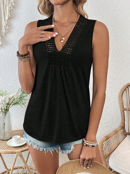 EMERY ROSE Summer V-Neck Contrast Guipure Lace Knitted Tank Top