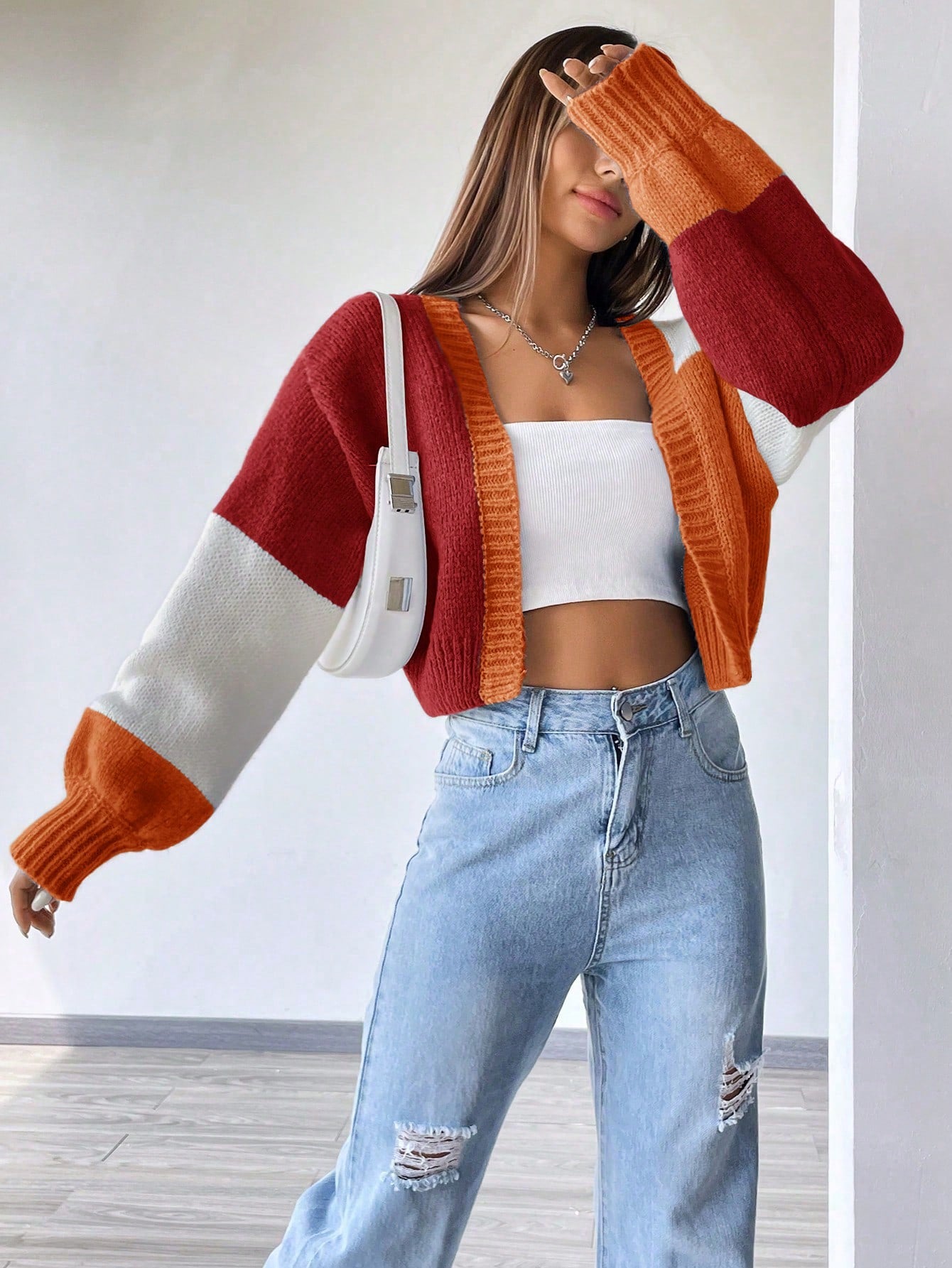 Flirla Colorblock Drop Shoulder Duster Cardigan,Long Sleeve Tops Fall Winter Cloth For Women