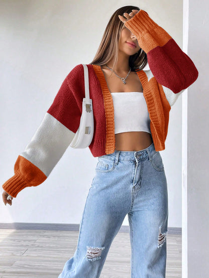 Flirla Colorblock Drop Shoulder Duster Cardigan,Long Sleeve Tops Fall Winter Cloth For Women