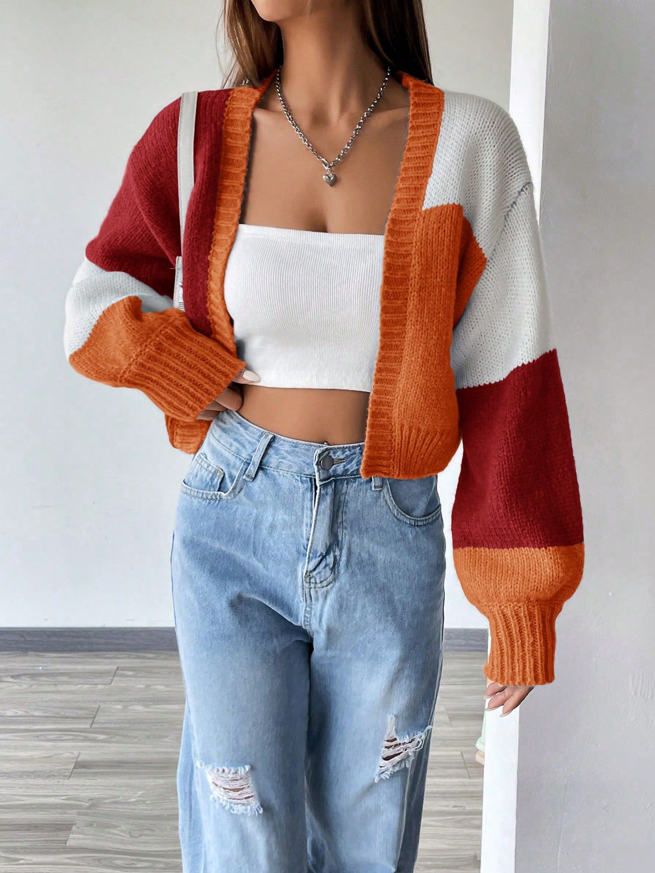 Flirla Colorblock Drop Shoulder Duster Cardigan,Long Sleeve Tops Fall Winter Cloth For Women