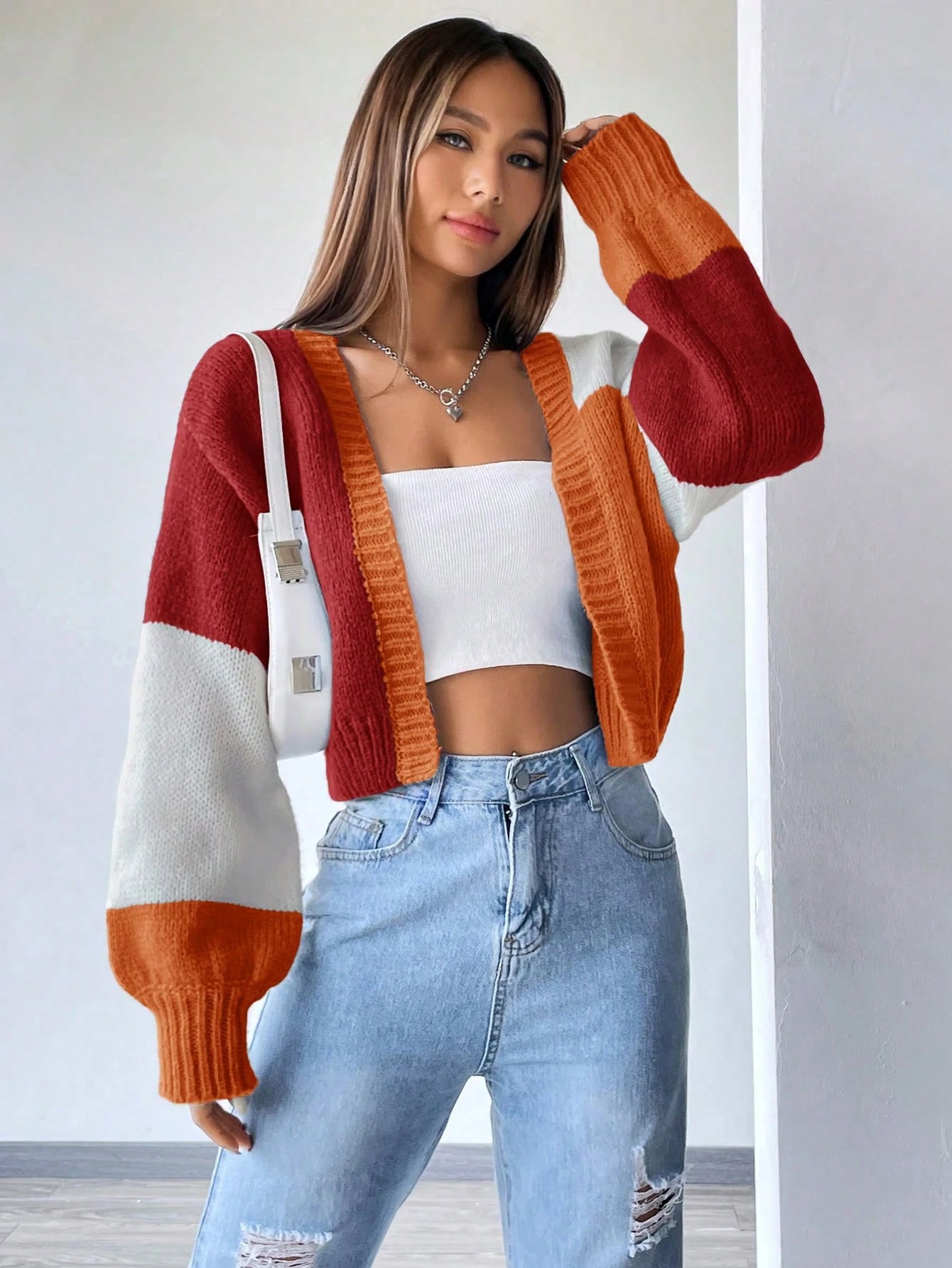 Flirla Colorblock Drop Shoulder Duster Cardigan,Long Sleeve Tops Fall Winter Cloth For Women