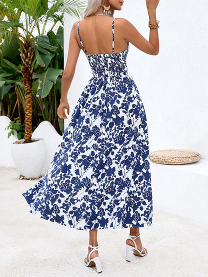 SHEIN VCAY Summer Vacation Spaghetti Strap Dress For Women With Side Split, Waist Tie, And Lace Details