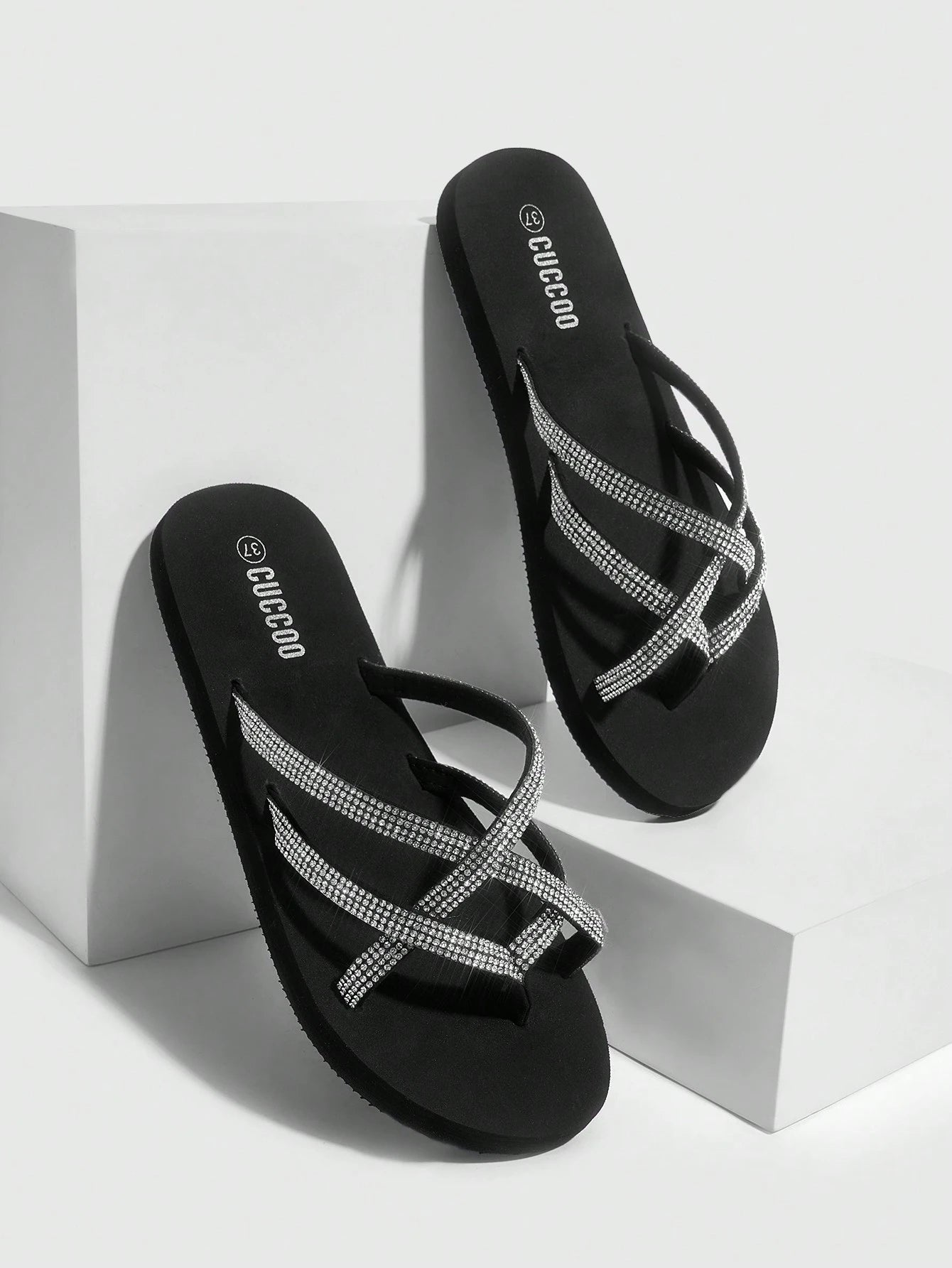 Fashionable Black Rhinestone Decorated Slippers For Women Vacation Shoes Summer Back To School Shoes College Student Shoes Spring Shoes Spring Break Easter For Casual Beach Style