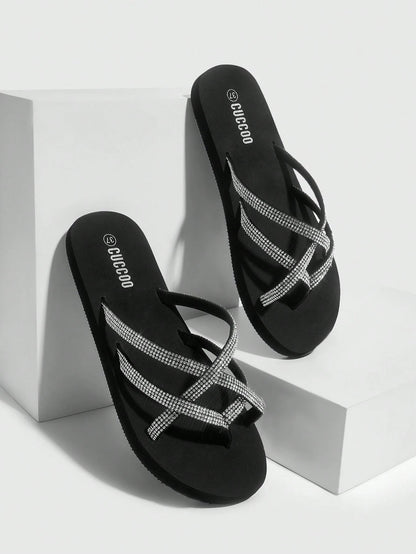 Fashionable Black Rhinestone Decorated Slippers For Women Vacation Shoes Summer Back To School Shoes College Student Shoes Spring Shoes Spring Break Easter For Casual Beach Style